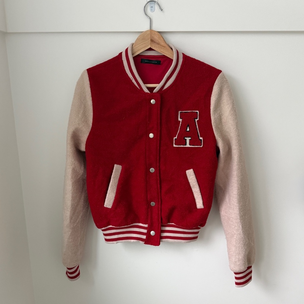 QED London Red and Cream Varsity Bomber Jacket Letterman A Patch UK Street Style
